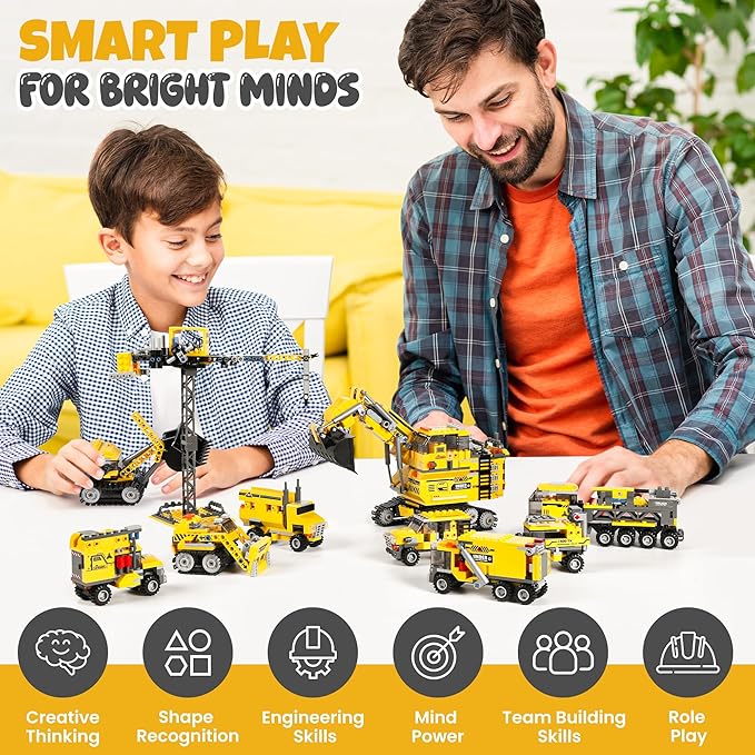 8 in 1 Excavator Toy Building Blocks Kit with Tower Crane, Tractor, Crawler Dozer, Box Dump Truck, Cross Country Vehicle, Command Car, Transport Vehicle – Construction Toys Set for Boys & Girls