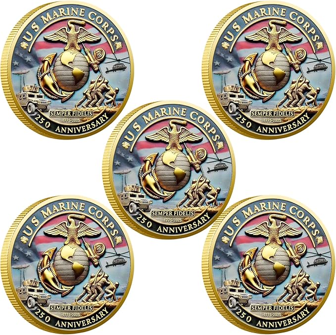 USMC 250th Anniversary Challenge Coin (1.57 Inch) – Double-Sided Collectible Military Coin for Veterans, Active Duty & Marine Corps Enthusiasts (5PCS)