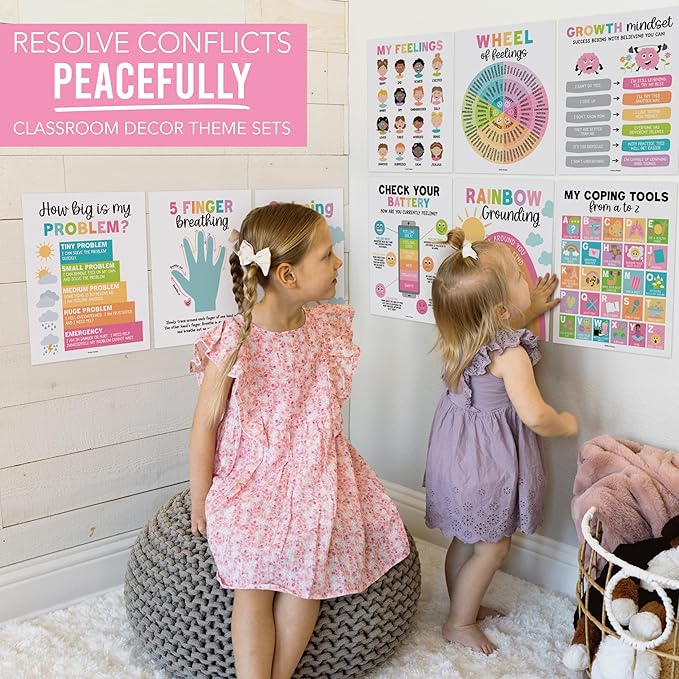 Hadley Designs 9 Calming Corner Posters For Classroom Must Haves For Teachers - 11x14 Calm Down Corner Supplies, Feelings Chart For Kids Ages 4-8, Feelings Wheel Poster, Pastel Classroom Decor