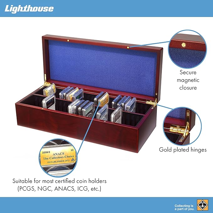Lighthouse - Coin Box for 50 Slabs - Perfect For Slabs from PCGS, NGC, ANACS, ICG and more - Mahogany Wood Grain Finish