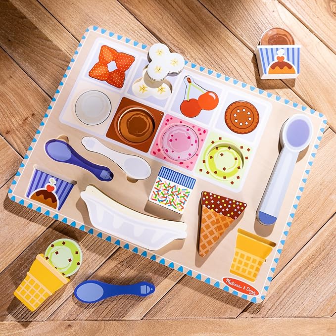 Melissa & Doug Ice Cream Wooden Magnetic Puzzle Play Activity Set, 16 Magnet Pieces, Play Food Toy for Boys and Girls Ages 2+