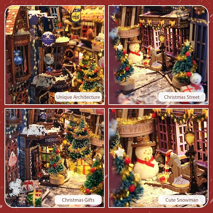 Christamas Book Nooks DIY Dollhouse Kit for Adults Bookshelf Decor with LED Lights 3D Wooden Puzzle Model Booknooks Kits Gifts for Family,Friends (Snowy Night)
