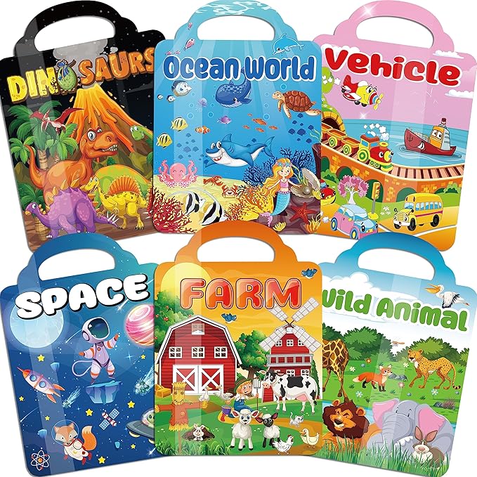 6Set Puffy Sticker Books for Kids, 3D Reusable Stickers Books for Toddlers 3-5,Farm+Animal+Dinosaurs+Ocean World+Space+Vehicle