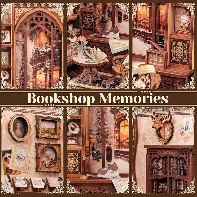 CUTEBEE DIY Book Nook Kit, Miniature House Kits for Adult and Teens, DIY Miniature Book Nook kit with Sensor Led Light, Gifts for Lovers and Family (Bookshop Memories)