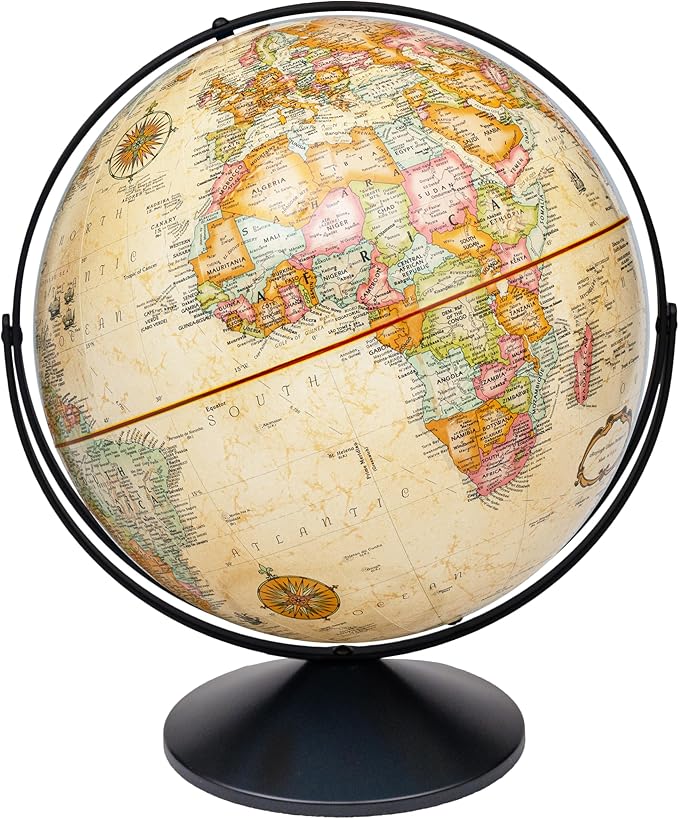Replogle Eureka 16 inch desktop globe with up to date antique raised relief map and full swing gyromatic assembly. The beautiful antique color globe ball and vast amount of up-to-date information will peak the interest of any geographical connoisseur o...
