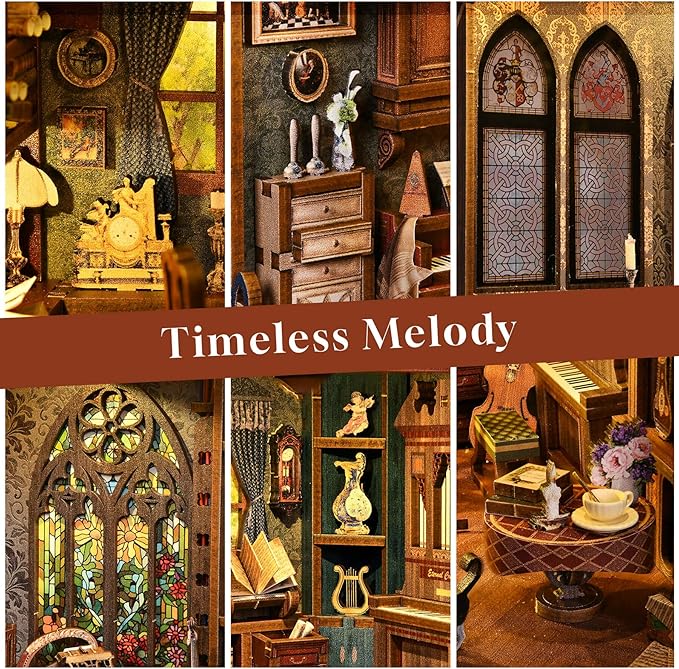 fifijoy Book Nooks, DIY Miniature Book Nook Kit Music, 3D Wooden Puzzle Bookends for Bookshelf Insert Decor with Led Light for Teens and Adults (Timeless Melody)