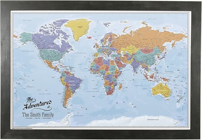 Canvas - Personalized Blue Oceans World Push Pin Travel Map with Rustic Black Frame