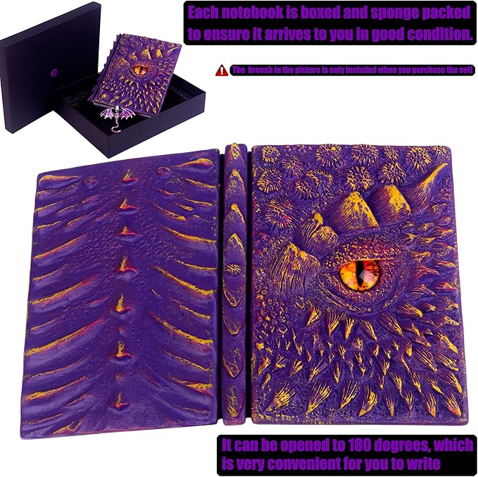 3D Dragon Eye Embossed Journal,Resin Engraving Notebook,Dnd notebook for Dragon Lovers ，Blank Paper,Hardcover Travel Notepad for Writing,Sketchbook,Collection,Gift,Decoration A4 and A5 Size (A5-Purple-Lined-Brooch)