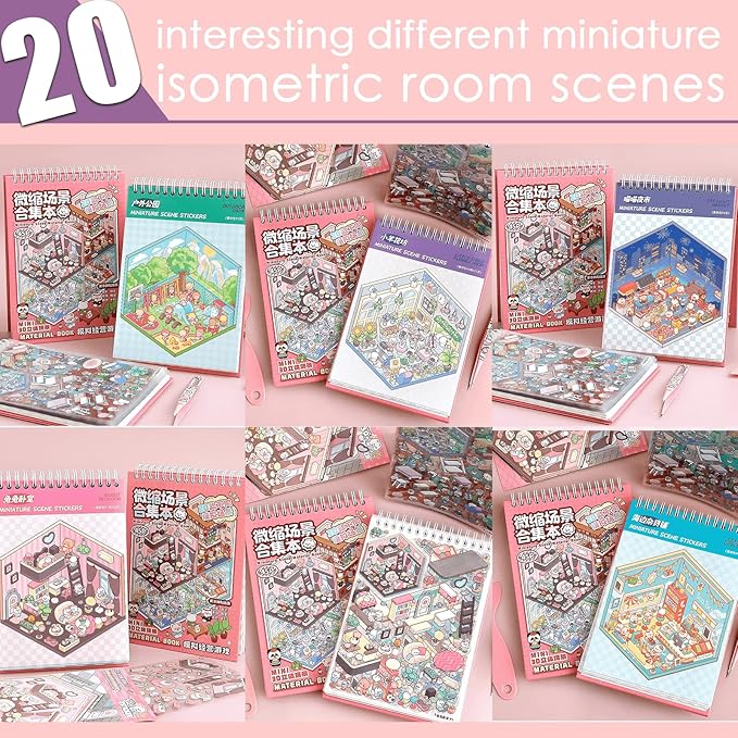 3D Sticker Scene Book,Sticker Therapy for Adults,Include 20 Beautiful House Isometric 3D Space DIY Scene Stickers Book,Cute Art Stickers for Girls