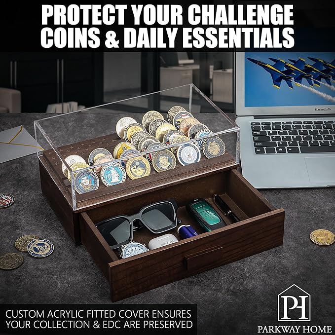 Military Challenge Coins Display Holder with American Flag and Clear Cover - Solid Wood Challenge Coin Stand with Drawer, Challenge Coin Display Case for Collector, Military Coin Holder Rack for Desk