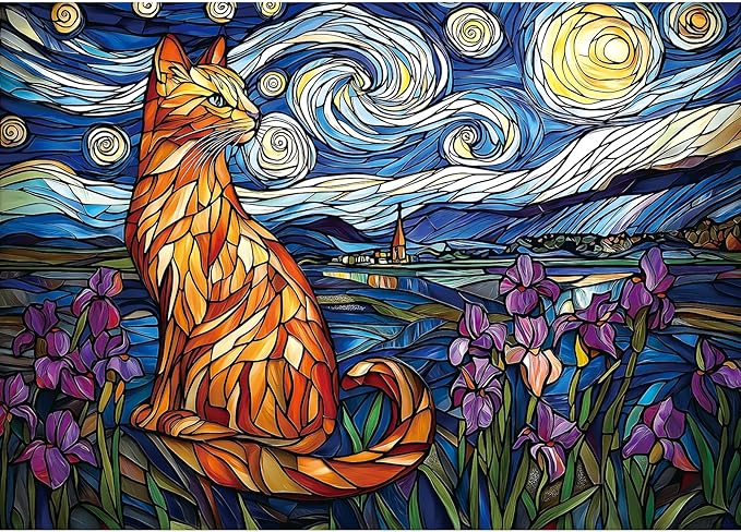 Stained Glass Cat Puzzles for Adults 1000 Pieces Starry Night Impossible Hard Puzzle for Adults Beautiful Vintage Flowers Cats Art Jigsaw Puzzles 1000 Pieces Unique Challenging Family Puzzle