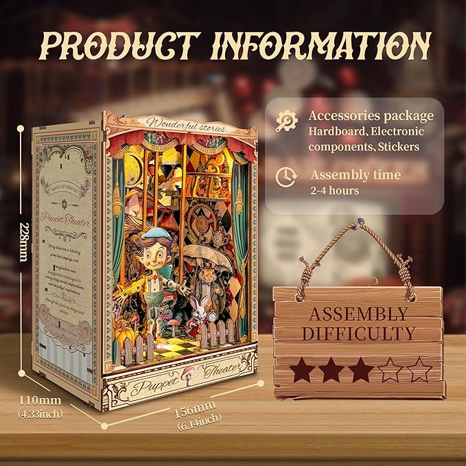 [2025 New] Puppet Theater Book Nook Kit with Dust Cover & LED Light, DIY Miniature House Kit Toy, 3D Wooden Puzzle Bookshelf Decor Building Kit, Birthday Gifts for Family & Friends