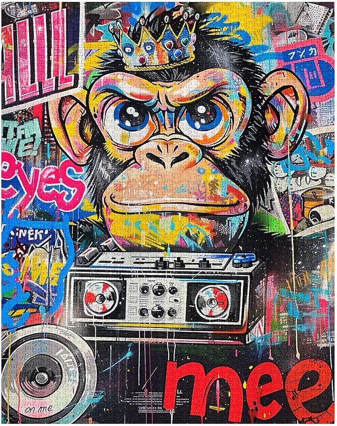 Tucocoo 1000 Piece Jigsaw Puzzles for Adults Graffiti Monkey Painting Jigsaw Puzzle Colorful Street Art Radio 1000 Pieces Puzzles for Challenging Family Activity Game Banksy Art DIY Puzzle Wall Decor