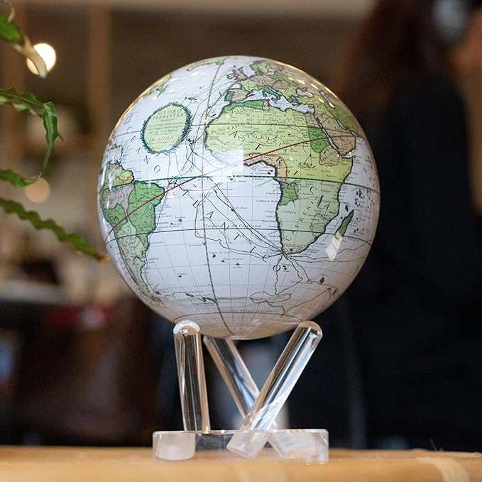 MOVA Globe – Antique Terrestrial White 4.5” | Solar-Powered Spinning Globe for Desk or Shelf | Vintage Map Decor | No Batteries or Cords