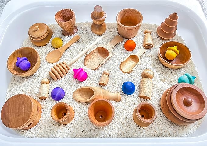 Rainbow Rice and Sensory Bin Tools (30 Pieces), Wooden Sensory Bin Tools and Scoops with Chemical-Free and Food-Safe Rice, Table Tools for Fine Motor Skills