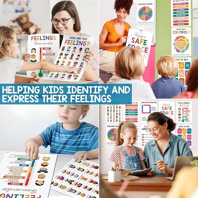 10 Mental Health Posters For Kids (10"x14") Therapy Office Decor, Feeling Wheel Poster, What Can I Control, Emotions Chart Kids Inspirational Wall Art, Classroom School Counselor Psychologist Decor