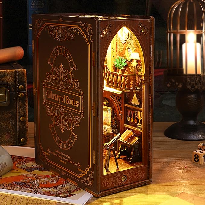 ISSEVE DIY Book Nook Kit, 3D Wooden Puzzle DIY Miniature House Kit for Booknook Shelf Insert Decoration, Magic Book House Stand Bookshelf Dollhouse for Adults with Sensor Light (Library of Books)