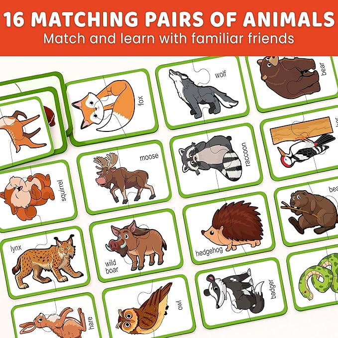 QUOKKA Toddler Puzzles Ages 2-4 – 100% Self-Correcting 16 Matching Pairs of Wood Animals – Educational Toddler Puzzles Ages 1-3 with 32 Pieces - Memory Matching Games for 3-5 Years Old Boys and Girls
