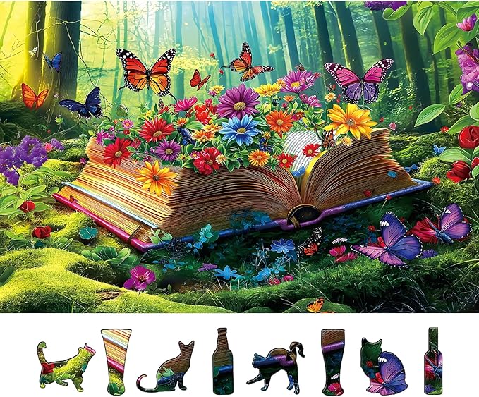 Vibrant Flowers Book 500 Piece Jigsaw Puzzle for Adults Magical Forest Scene Enchanted Garden & Butterflies Funny Colorful Challenging 500-Piece Puzzle for Family Game Night(23"x15")