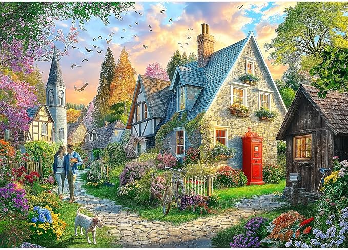 Cottage Village Church 1000 Piece Jigsaw Puzzle for Adults Countryside Scene Puzzle Challenging Beautiful Country Garden Landscape Family Puzzle Perfect for Game Nights (27.55 x 19.68)