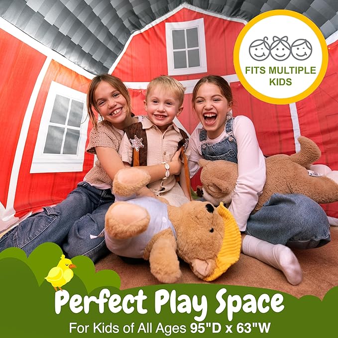 W&O Farmhouse Barn Aerodome with LED Lights & Farm Sound Button – Inflatable Farm Play Tent – Kids Play Tent Indoor – Sets Up in Seconds for Ages 3-12 (Fan Not Included)
