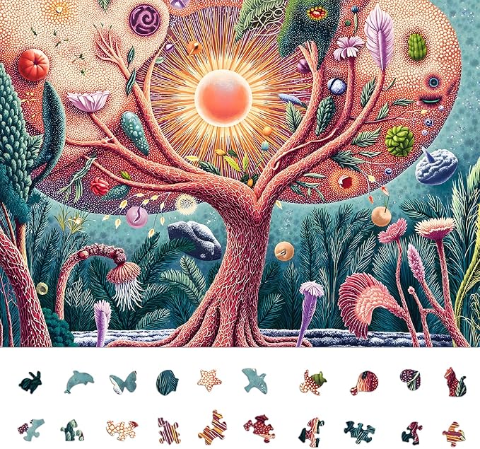 Puzzles for Adults 1000 Pieces: Tree of Life - Jupiter's Mysterious Garden, Irregularly Shaped Difficult Challenging Jigsaw Puzzle with Hidden Animal-Shaped Pieces, 6-Color-Zone on Back