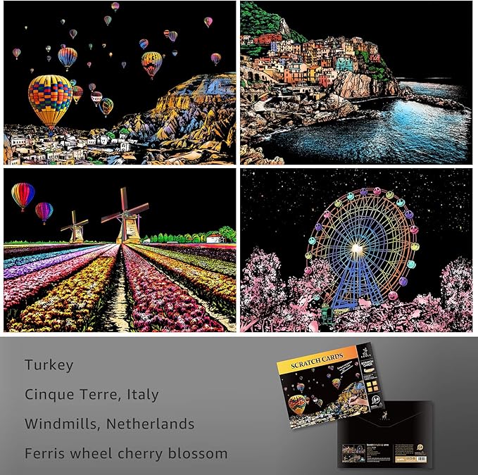 Scratch Art for Teens & Adults, Rainbow Engraving Painting Landscape Scratchboard(A4) Crafts Set: 8 Sheets with 4 tools - New York, Statue of Liberty, Golden Gate Bridge, Manarola (America / Europe)