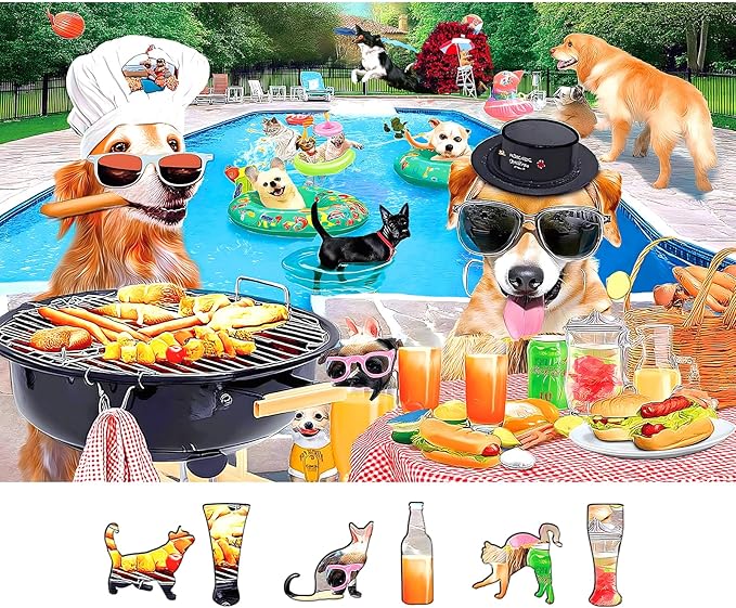 Dog Pool Party Puzzle for Adults 500 Piece Summer Funny Animal BBQ Jigsaw Puzzles with Letters on Back Unique Fun Family ChallengingPuzzles for Seniors Family (23"x15")