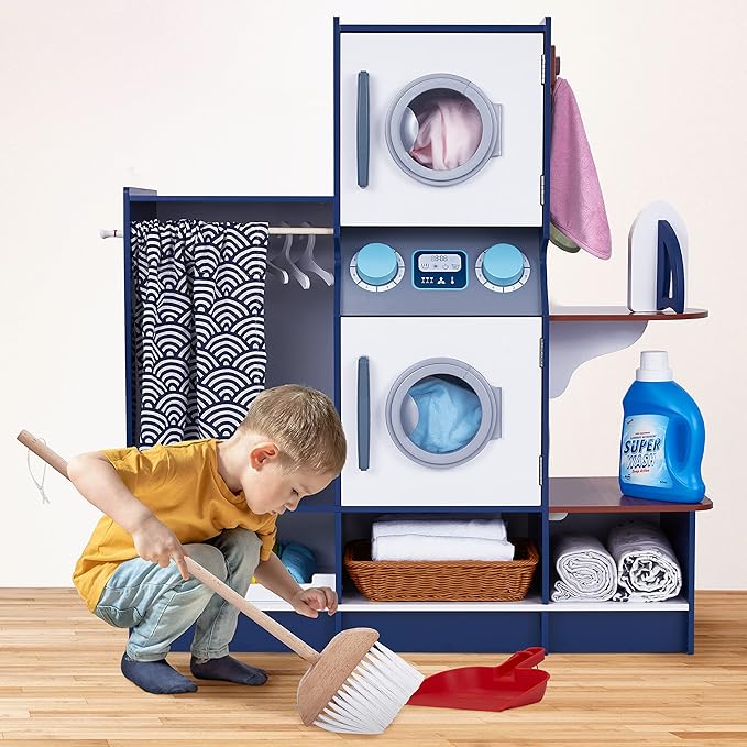 Lil' Jumbl Kids Washer and Dryer Playset, Wooden Children's Pretend Laundry Set, Includes Broom, Dustpan, Iron, Hangers & Basket, Realistic Laundry Room for Kids