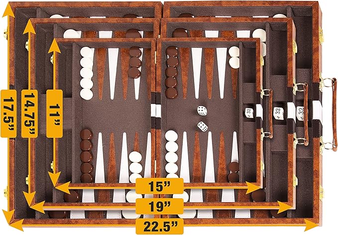 Backgammon Set 18 inch, Large - Classic Board Game for Adults and Kids with Premium Leather Case - Includes Strategy & Tip Guide (Brown)
