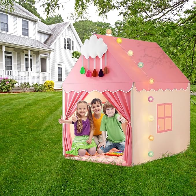Pink Kids Play Tent with Mat, Cloud and Ball Lights Large Playhouse for Children and Girls Princess Castle Tent for Bed- Indoor & Outdoor Toddler Camping Tent(Cloth Door & Metal Rack)