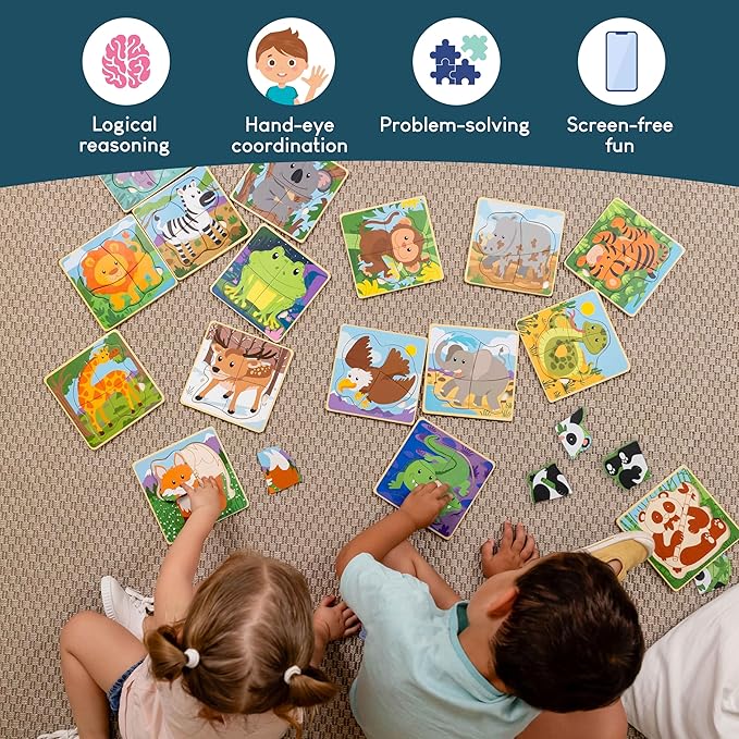 BONNYCO 4 Pieces Wooden Puzzles Pack 16 Party Favors for Kids 1 to 5. Birthday Goodie Bags Stuffers, Valentines Gifts for Toddlers Ideas, School Classroom Prizes and Baby Bulk Toys