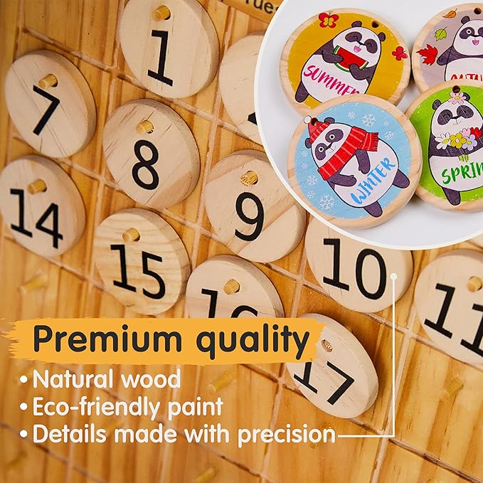 Panda Brothers Wooden Perpetual Calendar - Montessori Toy for Kids Learning Seasons, Months and Days of The Year, Preschool Calendar for Kids Learning at Home and Classroom Teaching, on Desk and Wall