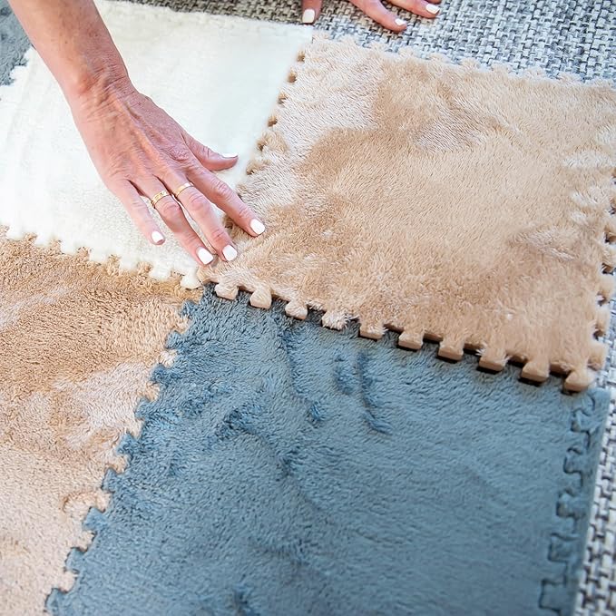 16 Piece Carpet Squares Puzzle Mat 49" x 49" Plush Interlocking Carpet Tiles, Foam Floor Tiles for Baby Play Mat - Kids Soft Play Mats Anti Slip Jigsaw Flooring Playmat Playroom Rug (Brown,Gray,White)