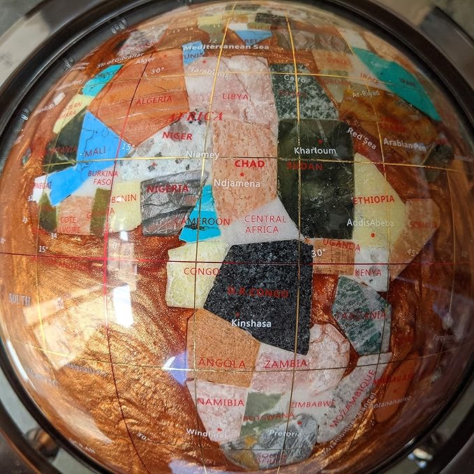 unique art since 1996 Limited Edition! unique art since 1996 Amber Pearl Swirl Table Top Gemstone World Globe with 4-Legs Silver Zinc Alloy Stand (220MM/9 INCHES 4 Leg/Amber Pearl Ocean)