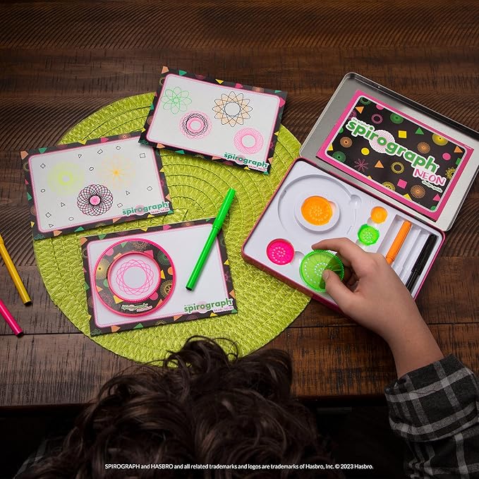 Spirograph Neon Collectors Tin – Arts and Crafts, Kids Toys, Art Supplies, Craft Supplies, Drawing Kit, Spiral Art, Classic Gear Design Kit, Pens, Design Sheet Included, Ages 8+
