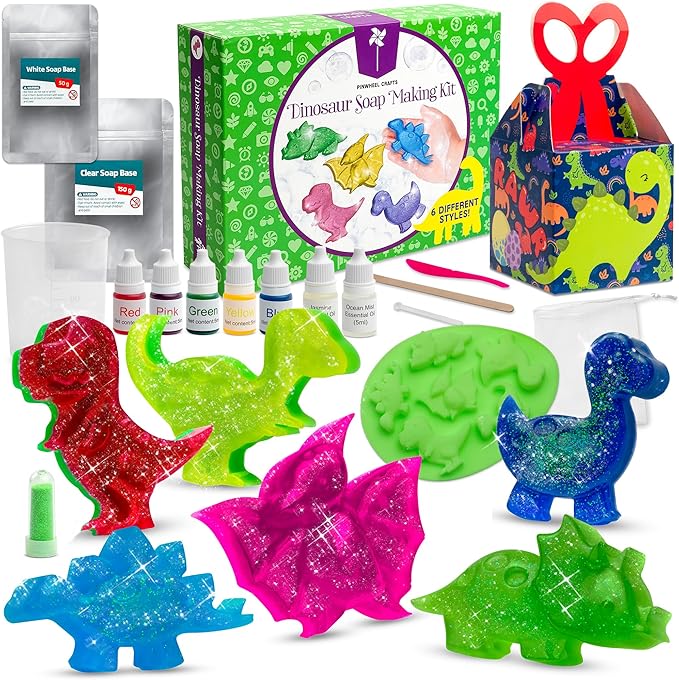 Pinwheel Crafts DIY Soap Making Kit for Kids Ages 5 6 7 8-12+ with Molds, Scents, Dye, Glitter, Foaming Net – Dinosaur Soap Making Kits for Adults Beginners Great for Science Projects and Crafts