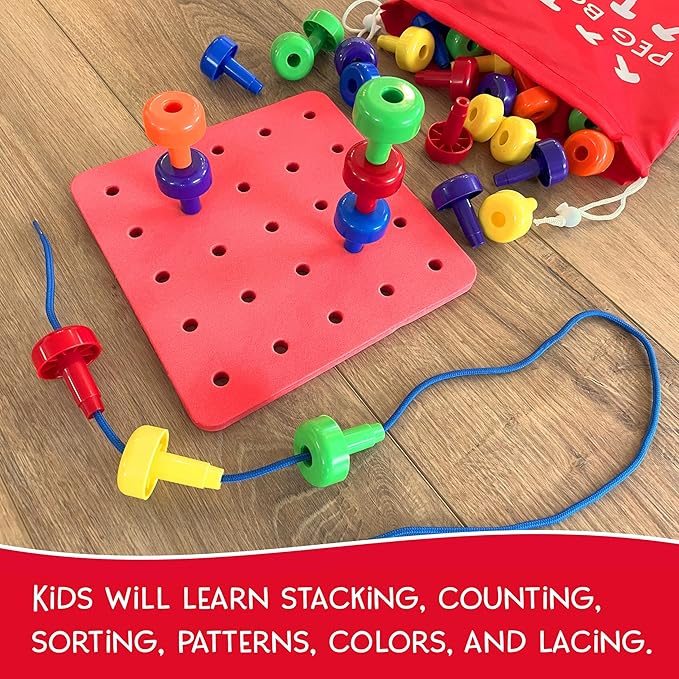 Foam Peg Board Toy - 36 Pegs, Foam Board, Lacing String, Storage Bag - Occupational Therapy Toys - Fine Motor Skills Toys for Toddlers and Kids (Red)