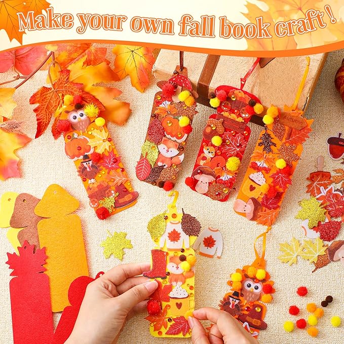 48 Sets Fall Bookmark Crafts Kits DIY Fall Felt Decorations Art Bulk 490 Pcs Thanksgiving Pumpkin Turkey Maple Leaf Craft Kit with Glitter Foam Stickers for Classroom Activities Autumn Party