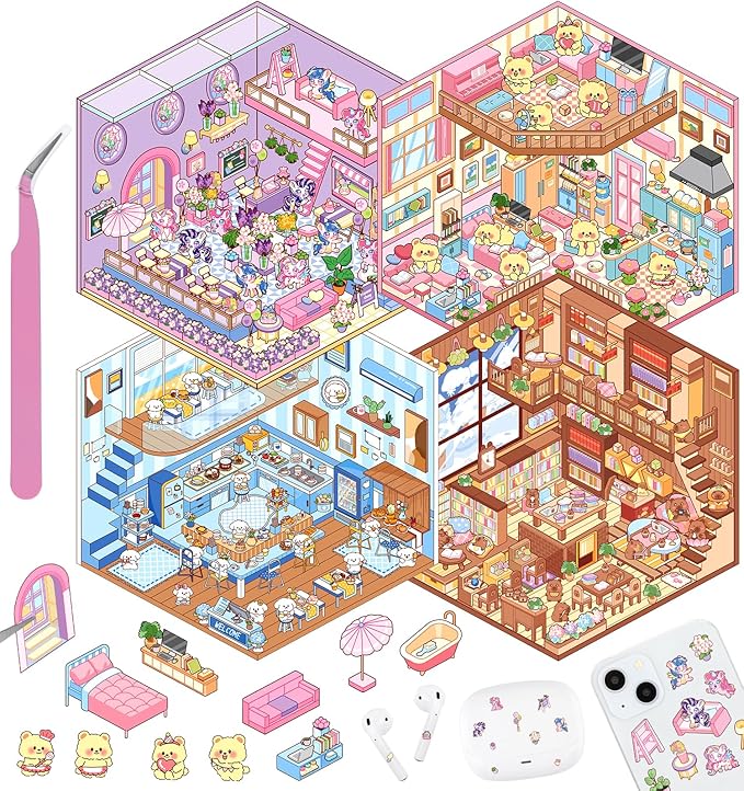 DIY 3D House Stickers, 4 Sets Fun DIY Stickers Scene Make Your Own Mini House Cute Cartoon Animal Scene Sticker for Kids Adult Sticker Art Relief Stress Pass The Time