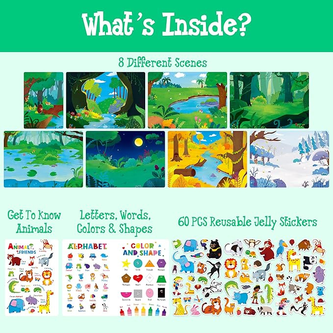 Reusable Jelly Sticker Book, 60 Wild Animals Thick Jelly Stickers Waterproof Gel Cling Decals Jungle Themed Busy Book Hands-on Activity Travel Game Educational Learning Toys for Toddlers, Kids