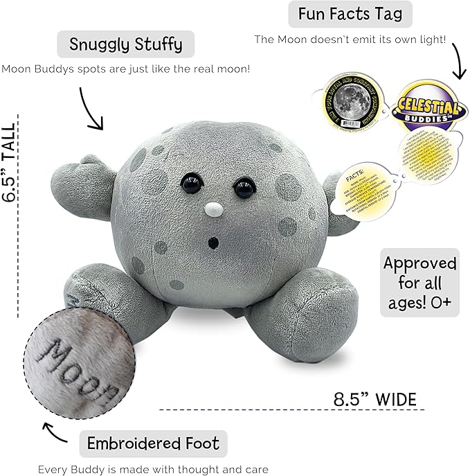 Celestial Buddies Moon Buddy | 8.5" Soft Stuffed Plush, Embroidered Features, Fun Planet Facts Tag for Kids – STEM Learning, Educational Gift, Classroom & Homeschool Science Space Astronomy | 0+