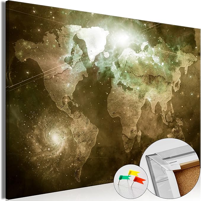 artgeist Pinboard World Map 35x24 in - Cork Board & Canvas Print Wall Art 1 pcs Memoboard with 50 Pins Noticeboard Message Board Image Picture Home Decor Travel Map k-C-0139-p-c