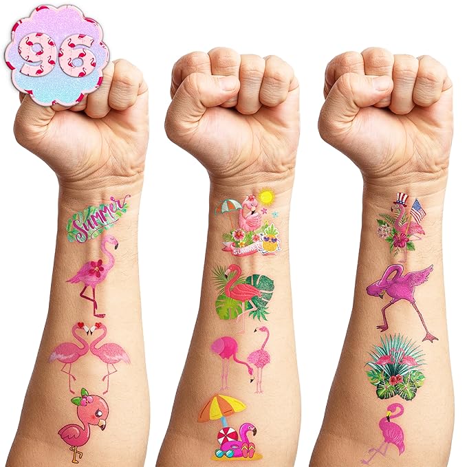 96 PCS Funny Flamingo Pre-Cut Temporary Sticker Summer Tropical Flower Hawaiian Luau Birthday Supplies Gifts Girls Boys Baby Showers Prizes Cute School Reward Themed (Normal)