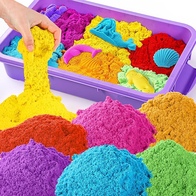 Play Sand with Sensory Bin Toy for Kids, 8 lb of 7 Colored Bulk Magic Sand with Sandbox for Toddlers, Sensory Sand Kit for Boys and Girls Age 3-8 (Purple)