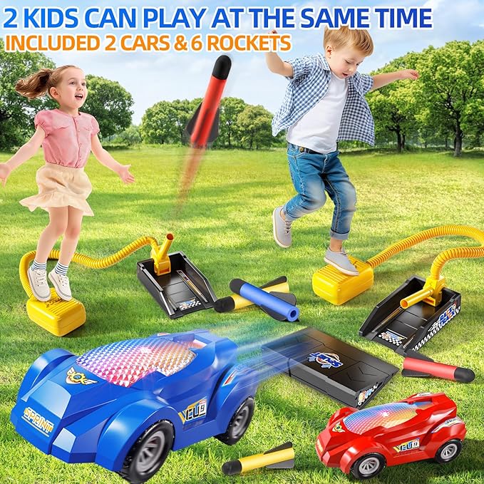 Rocket Toy Car Launcher, 2 Race Car and 6 Foam Rockets, Outdoor Outside Backyard Toys for Boys & Girls, Birthday Gift Toys for Kids Boys Girls Age 3 4 5 6 7 8 Years Old