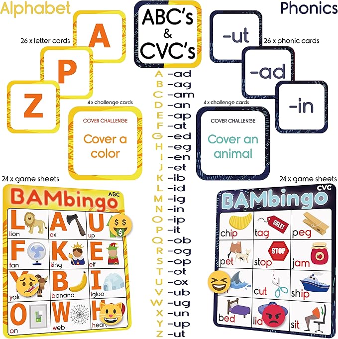 THE BAMBINO TREE Alphabet and Phonics Bingo - ABC Learning Letter Recognition and CVC Words with Pictures - Phonics Games for Kids Ages 3-7 yrs Preschool Kindergarten