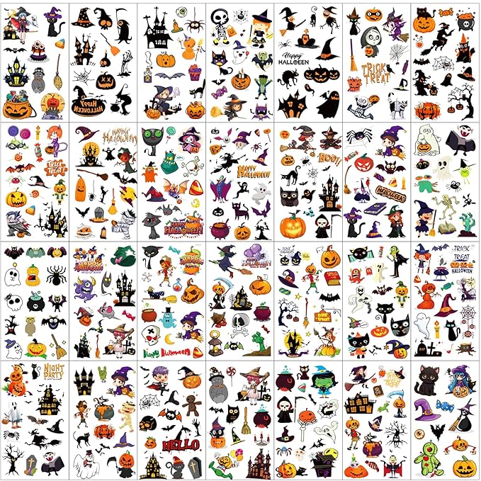 380+ PCS Halloween Temporary Tattoos for Kids, 30 Sheets Creative Design Halloween Tattoos for kids Halloween Party Decorations, Pumpkin Tattoo Stickers Halloween Gifts for kids for Halloween Makeup