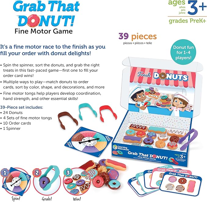 Learning Resources Grab That Donut! Fine Motor Game - Toddler Food Bakery Toys, Board Games, Color Sorting, Gifts for Boys and Girls, Hand Eye Coordination, Preschool Sensory Activities