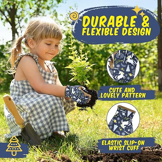 HANDLANDY Kids Genuine Leather Gardening Gloves for ages 3-11, Children Toddler Work Outdoor Playing Gloves for Boys Girls Gift (Medium (for age 5-7), Blue)